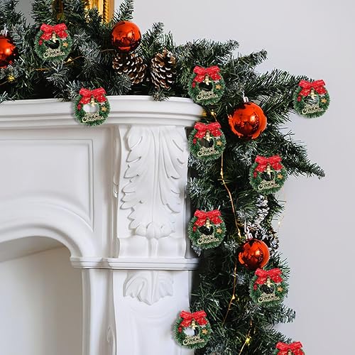 Miniatura 7 de Ciieeo 10Pcs Mini Christmas Wreath Ornaments 2.55 Inch Miniature Xmas Tree Hanging Wreaths with Bow Bell and Merry Christmas Sign for Holiday Decor