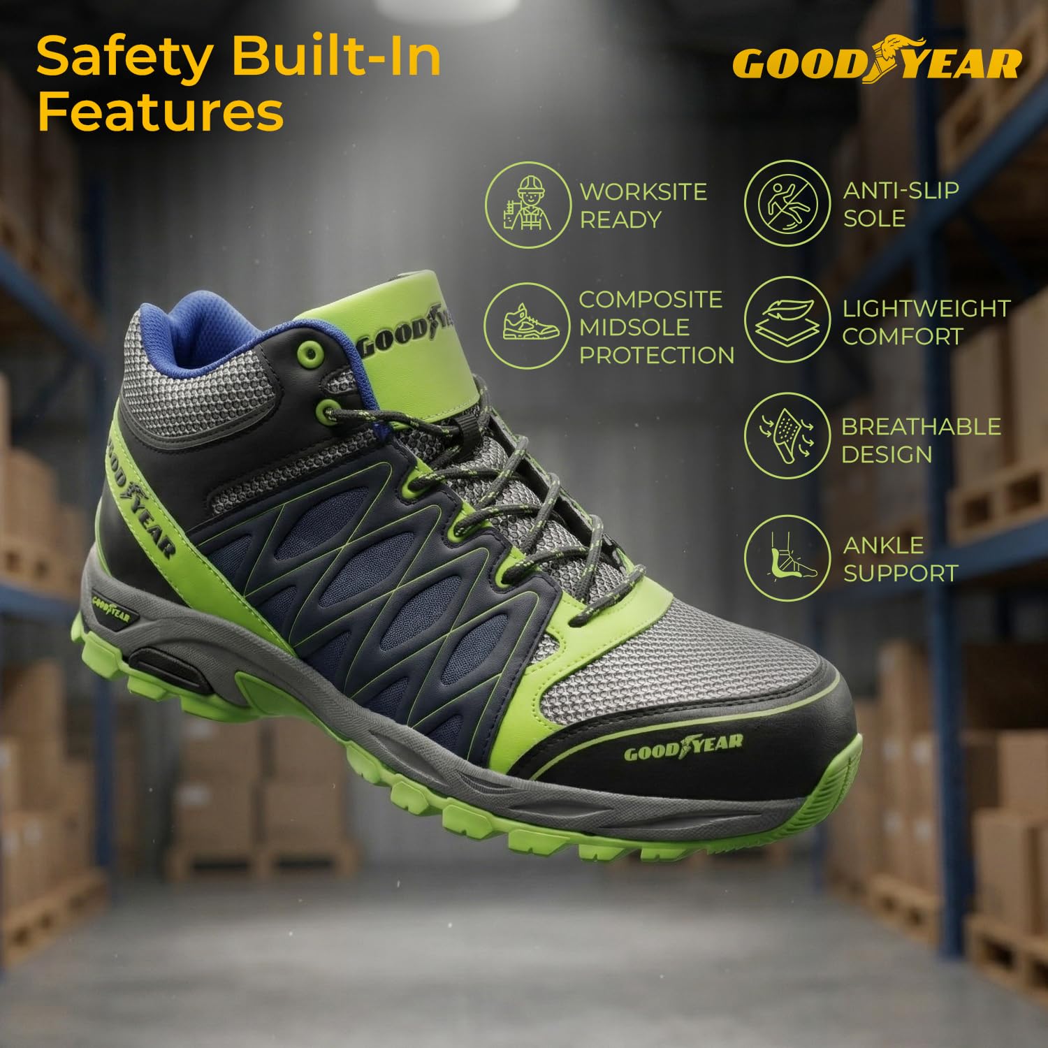 Goodyear Herren-Sicherheitsschuhe S1P SRA HRO Sicherheitszertifizierte Arbeitskleidung Metallfrei Leicht Atmungsaktiv Bequeme Arbeitsschuhe