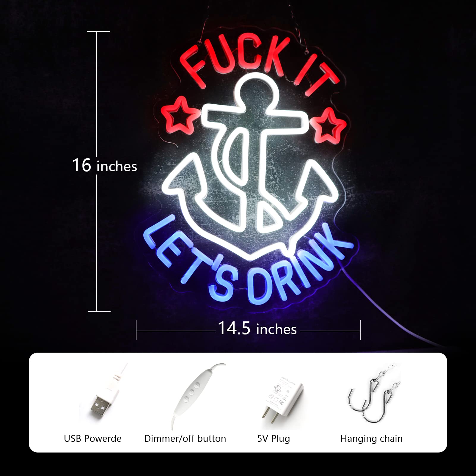 JFLLamp FUNK IT LET'S DRINK Neon Signs for Wall Decor Anchor Decor Neon Lights for Bedroom Led Signs Suitable for Man Cave Beer Bar Pub Restaurant Christmas Birthday Party Gift Led Art Wall Decorative Lights Unique Gift for Lover, 5V Usb Power, 14.5*16 Inch(Red+White+Blue)