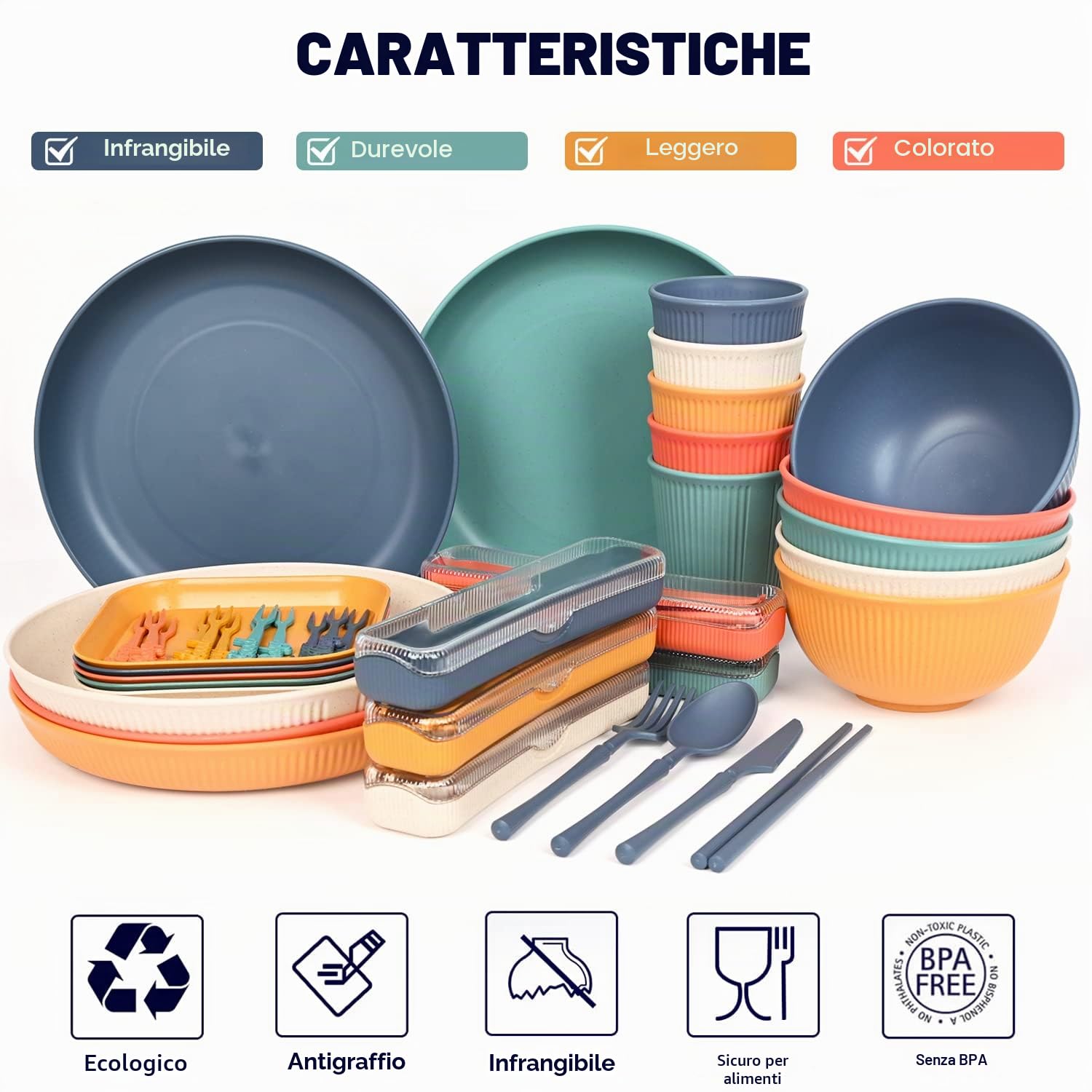 Stoviglie da Campeggio, Piatti e Posate Kit 58 Pezzi con Borsa Portatile, Piatti, Ciotole Tazze Forchette Cucchiai, per Picnic, Feste, Barbecue, Campeggio, Adatto per 5 Persone