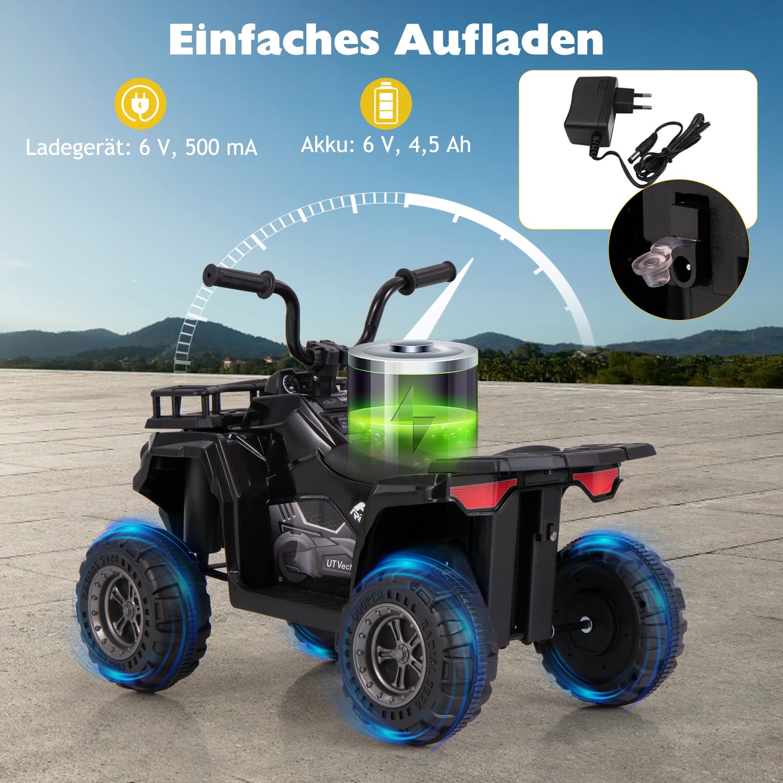 COSTWAY 6V Kinder Quad Elektro, Kinderquad mit Vorwärts-, Rückwärtsfunktion, Elektroquad mit LED-Scheinwerfern, Aufbewahrungskorb & Musik, Elektroauto ATV für Kinder ab 2 Jahren (Schwarz)