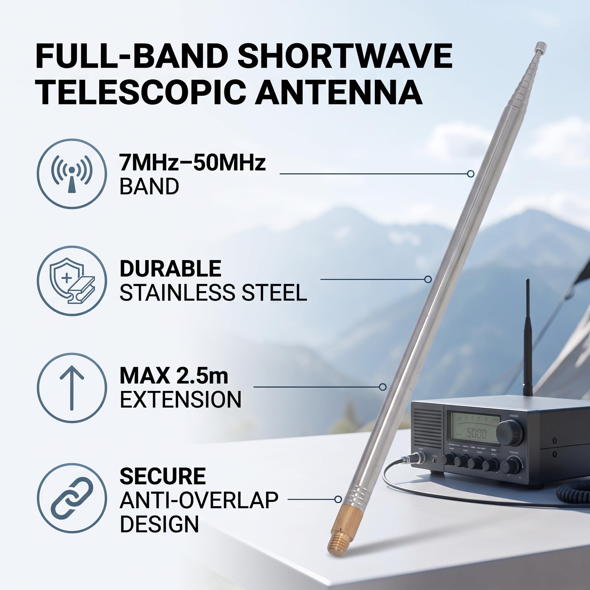 Antenne à ondes courtes à bande de fréquence, antenne télescopique à 10 sections maximum 2,5 m, design anti-chevauchement, antenne télescopique à 10 sections avec traitement fin