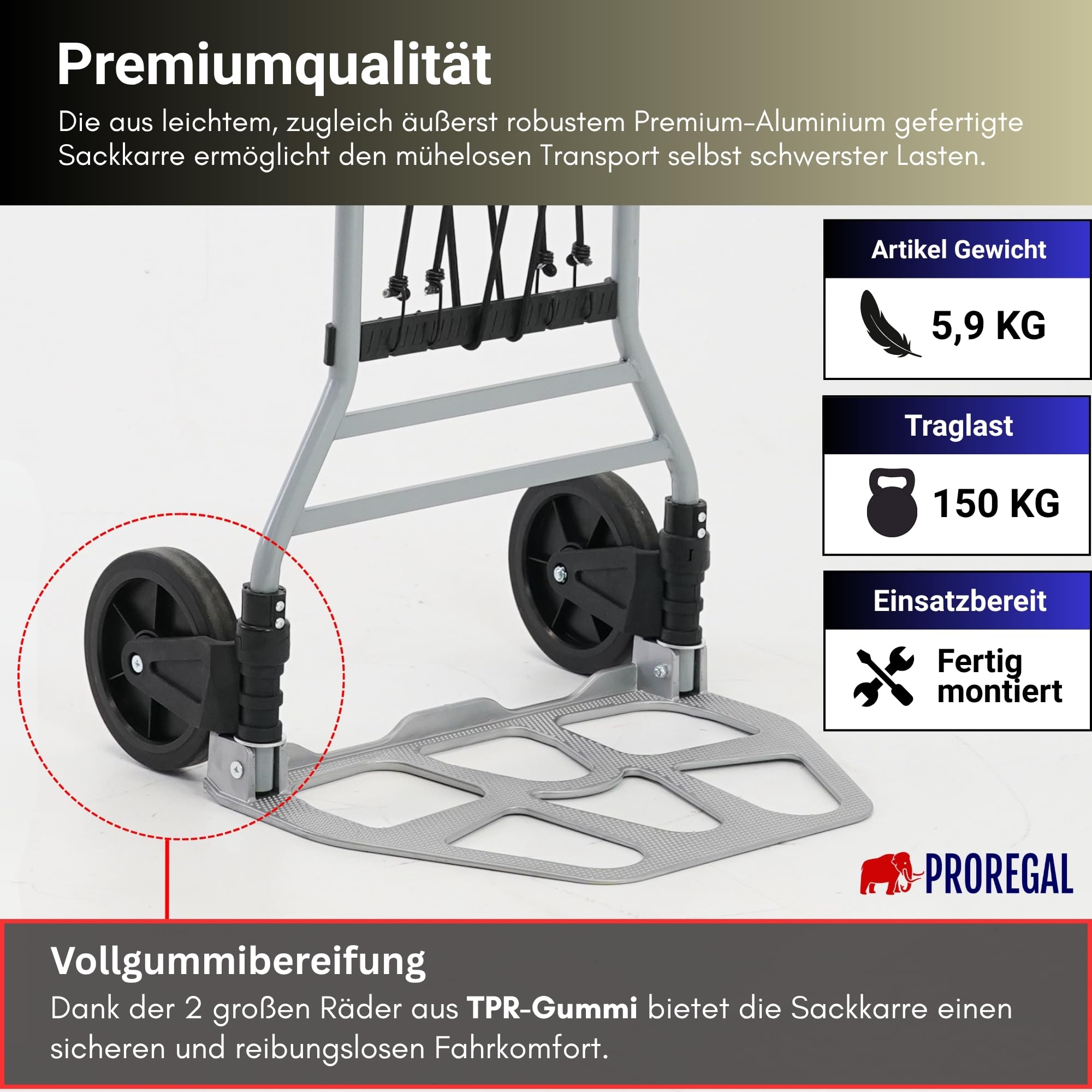 PROREGAL klappbare Aluminium Profi-Sackkarre Elephant | Traglast 150 kg | 6 kg leicht, ergonomische Griffe, Leichtlauf-Vollgummiräder, große Schaufel | Silber | Transportkarre
