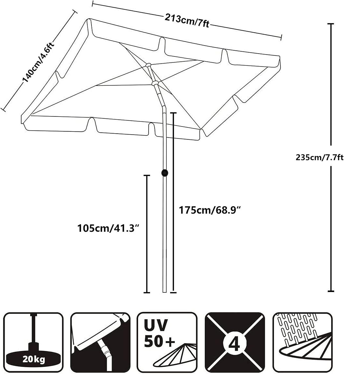 AMMSUN 6.5 x 4.2ft Rectangular Patio Umbrella Outdoor Market Table Umbrella Steel Pole and Ribs Push Button Tilt, Maroon