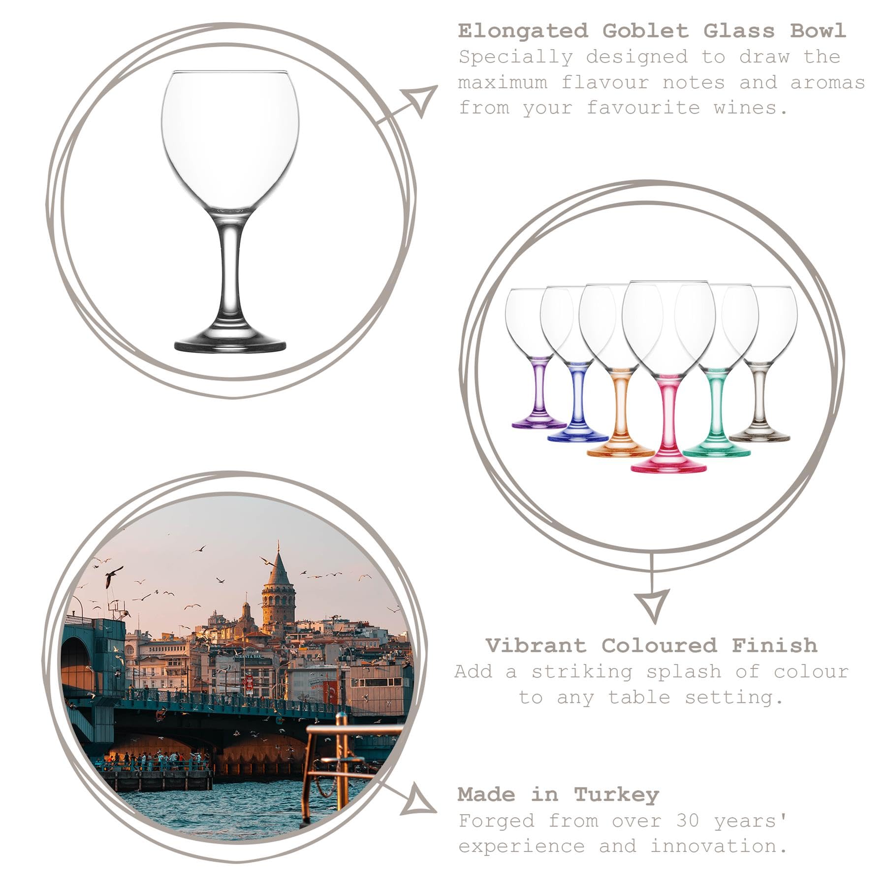 LAV 260ml Misket Verres à Vin - Tige Colorée - 12x Lavable au Lave-Vaisselle Verre Mariage Noël Anniversaire Fête Boire Verrerie Gobelet Cadeau
