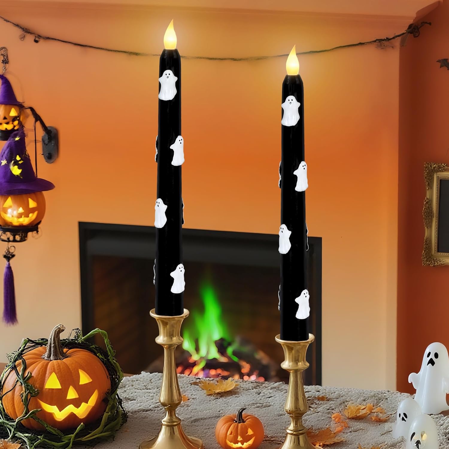 Impress Life Halloween Flameless Taper Candles with Remote Battery Operate Black Wax LED Flickering Candlesticks with Carved White Ghosts for Halloween Spooky Horror Decor, Set of 2