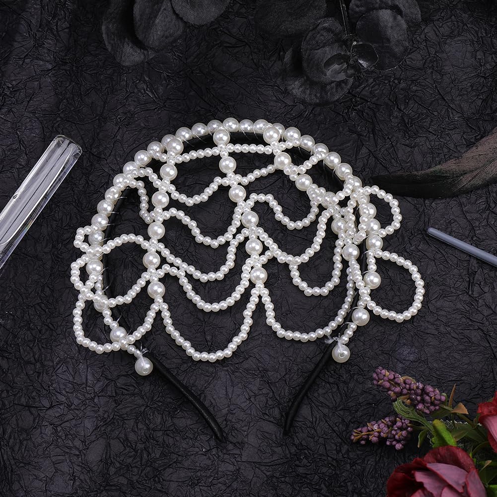 White Pearl Headband Vintage Wedding Layered Tassel Pearls Caps Headpiece Imitation Beaded Chain Hair Jewelry Accessories 1920 Hairbands for Women Bride Cosplay Costumes Dance Festival Party - Image 4