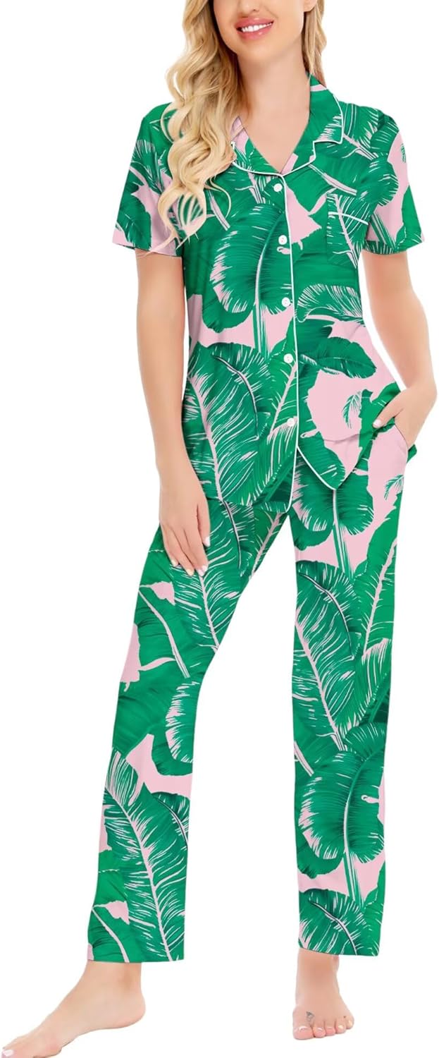 SWOMOG Women Pajama Sets Two-Piece Nightwear Short Sleeve Sleepwear Button Down Pj Lounge Sets with Long Pants