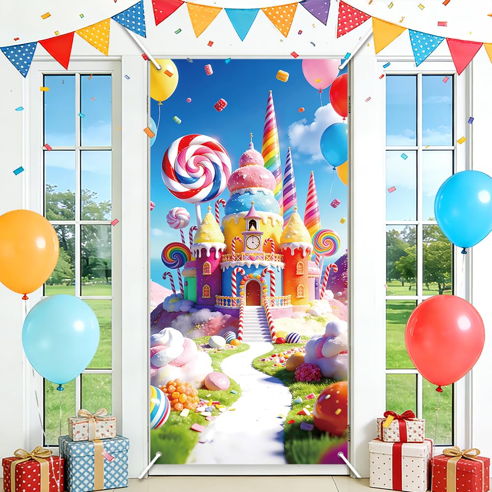 SUPERDANT Candy Land Party Decorations and Banners Reusable Door Cover Lollipop Balloons Banner Large Party Backdrop for Kids Birthday Decor Photo Shoot 185x90cm