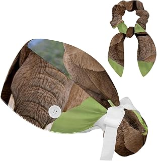 FVQL 2 Pieces Surgical Cap for Long Hair Scrub Cap with Hairband Nurse Cap, Elephant Animal Pattern