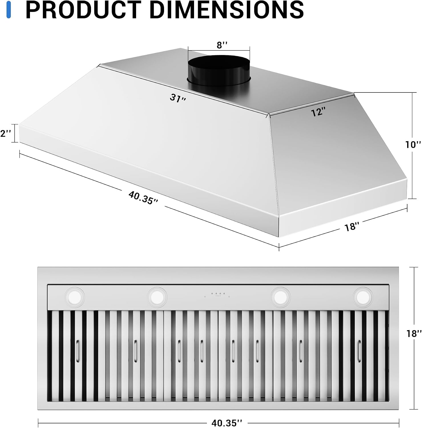 CT Copper Tailor Built-in Range Hood Insert Vent 42 Inch, 1150 CFM, with 4-Speed Fan, LED Light, Dishwasher-safe Baffle Filter, Stainless Steel
