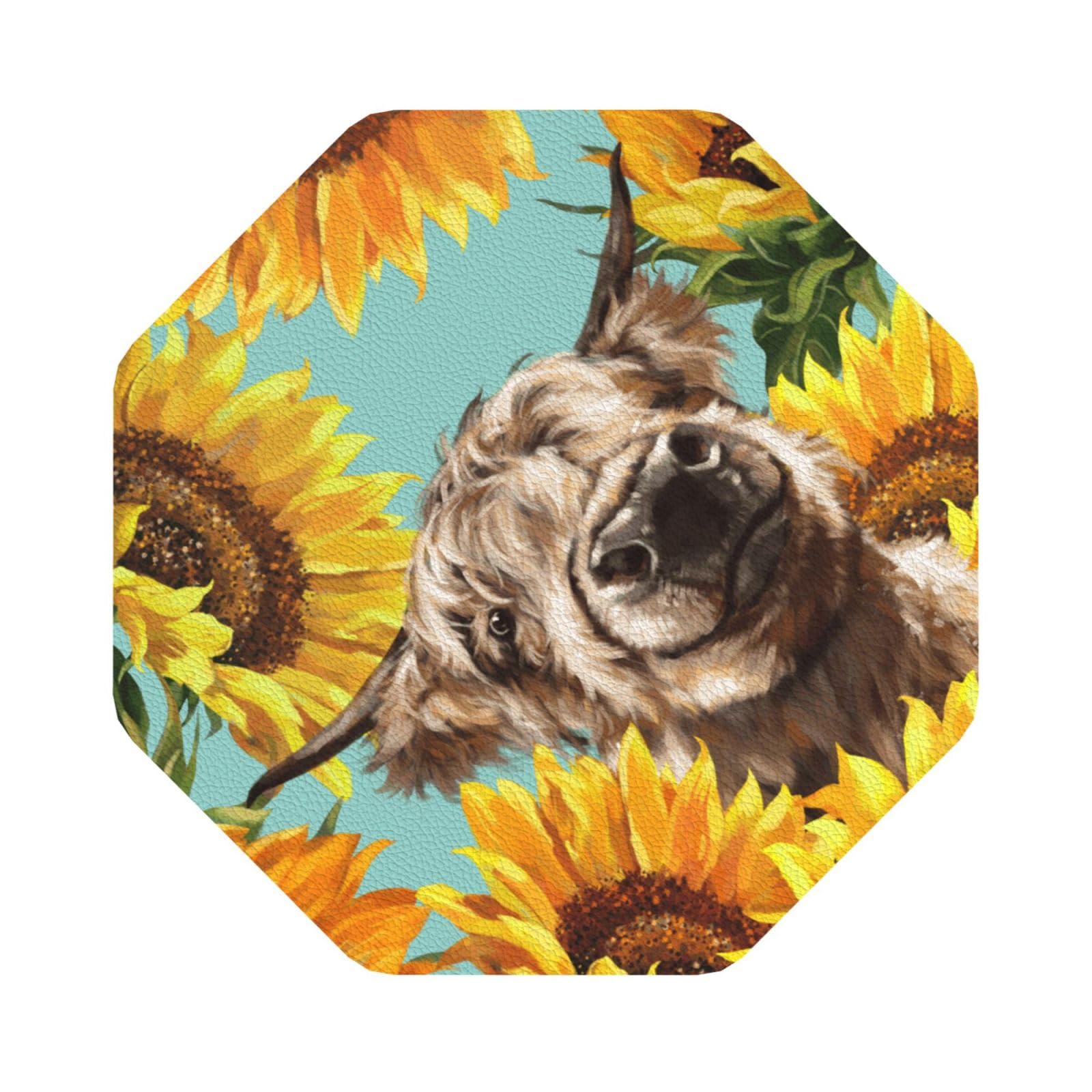 Cow with Sunflowers in Blue PU Leather Coasters Set of 6 Octagon Drink Coasters