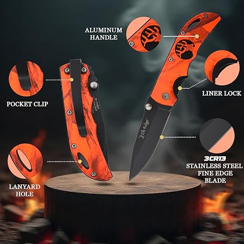 Miniatura 3 de Elk Ridge - Cuchillo plegable al aire libre - Hoja de acero inoxidable negro de 3.75 pulgadas, mango de aluminio negro recubierto de camuflaje rojo