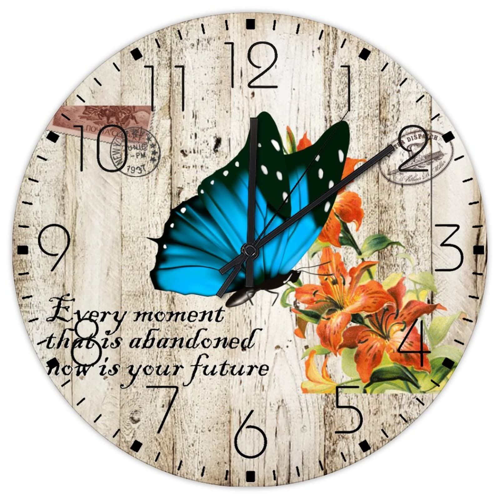 Horloge murale en bois ronde silencieuse 38 cm fleur et papillon religieux