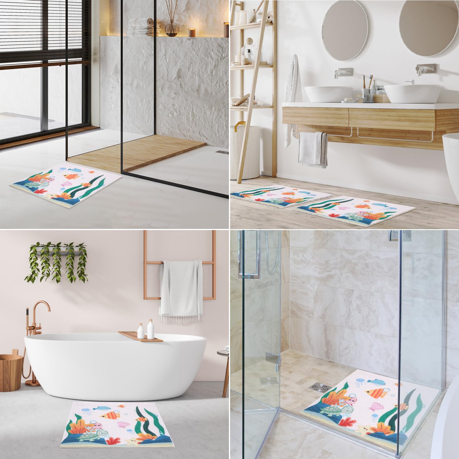 Tapis De Douche Antidérapant Enfant 60x60 Cm - Doux Antibactérien Monde Sous-Marine Lavable En Machine