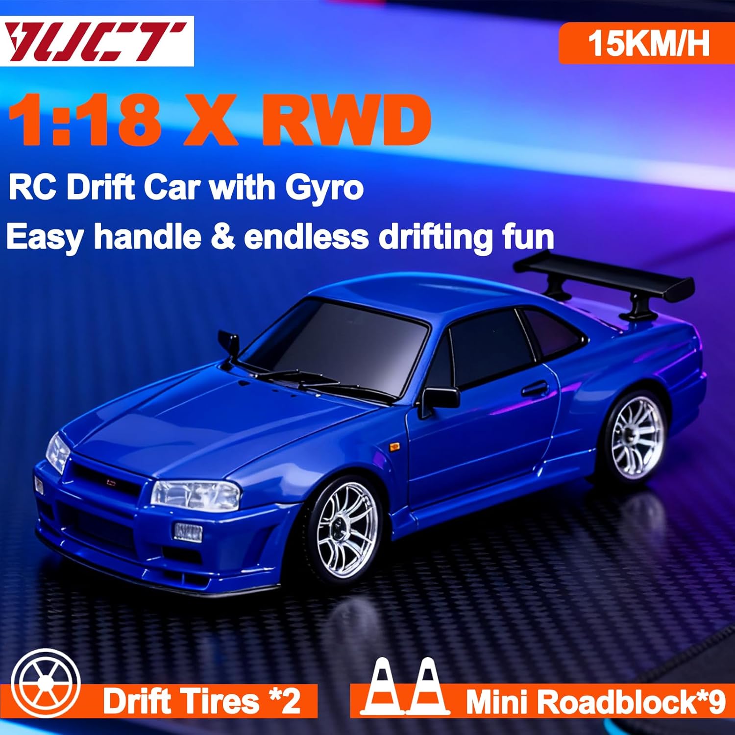 YUCT LD1899 RC Drift Car GTR R34 2.4GHz RWD Drifting Remote Control Car with Gyroscope Alloy Shell 1/18 Scale Full Proportional Nissan Skyline Blue