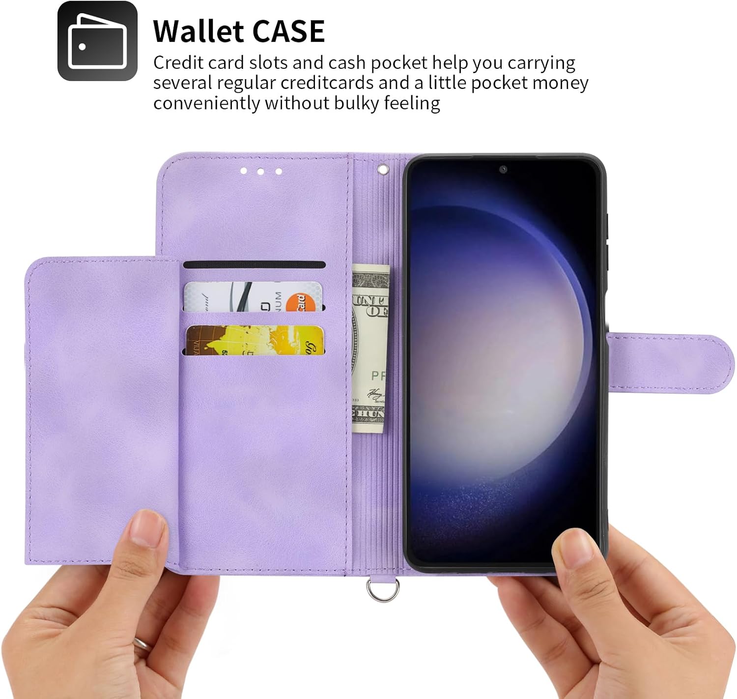 Wallet Case for Samsung Galaxy A57 5G with Wrist Strap Shoulder Strap, Embossed PU Leather Flip Credit Slim Card Holder Stand Cell Phone Cover for Galaxy A 57 57A Women Girls Purple