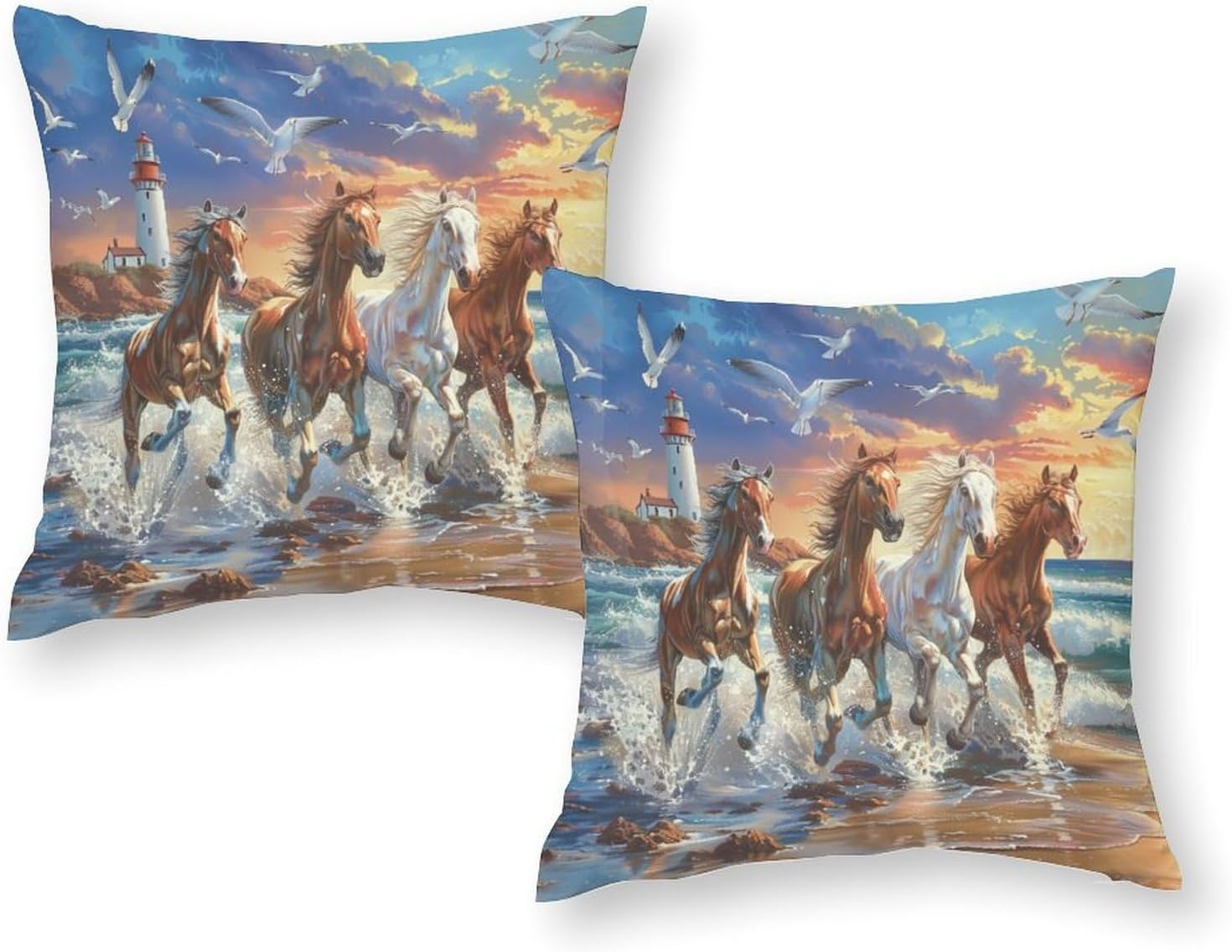 2 Packs Nautical Beach Horse Throw Pillow Covers for Living Room, Sunset Ocean Lighthouse Seagull Pillow Covers Cushion Case for Couch Sofa Bed, 20x20 inch