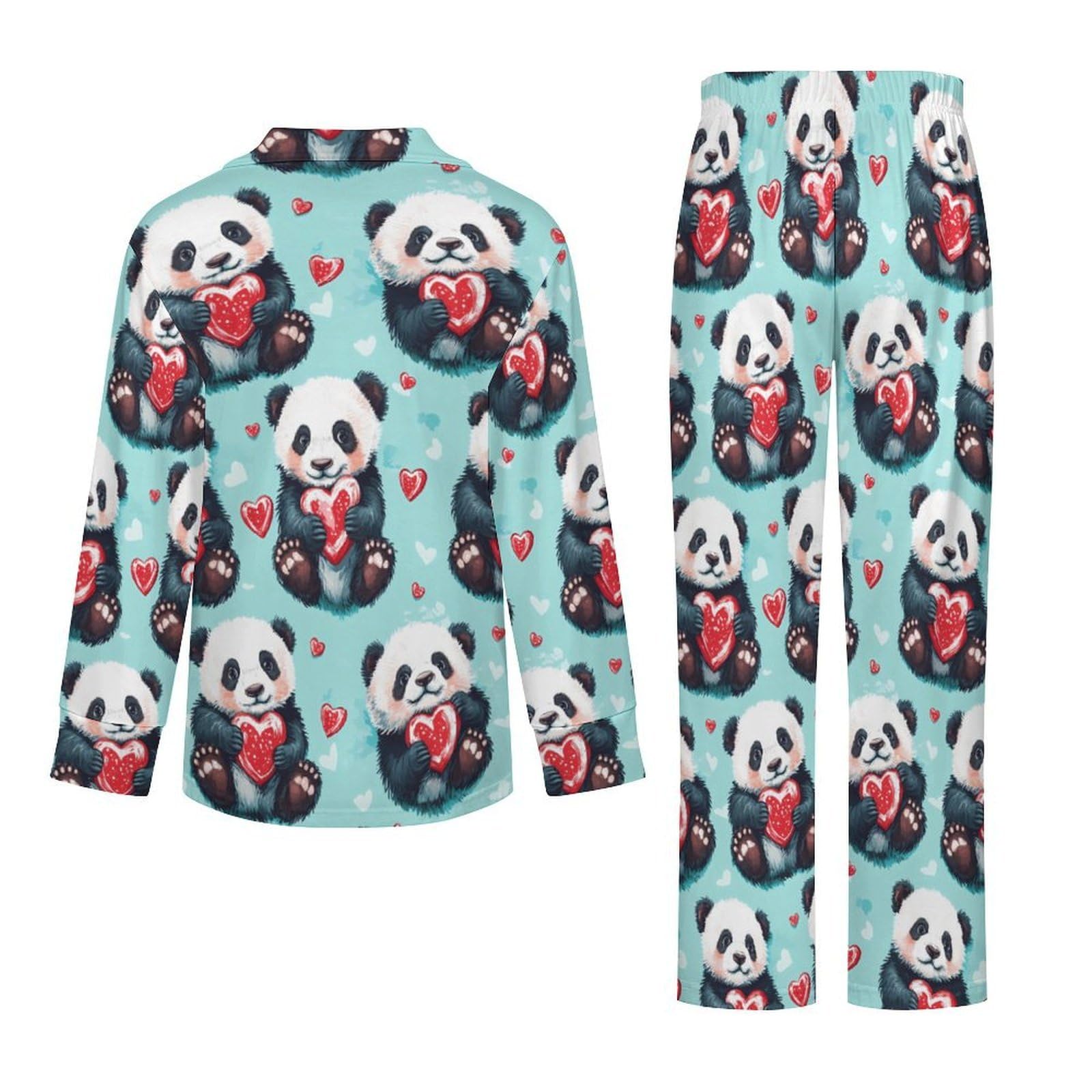 Cute Pandas Hearts - Conjunto de pijama para mujer, cuello en V, manga larga, pantalones y pantalones cómodos, ropa de dormir suave