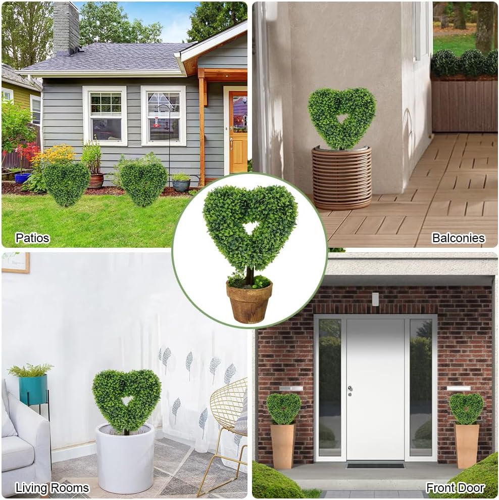 Heart-Shaped Artificial Boxwood Topiary Tree - 14" UV Resistant Small Fake Plant with Pot, Realistic Faux Potted Shrub for Indoor/Outdoor, Front Porch, Office Decor (2 Pack)