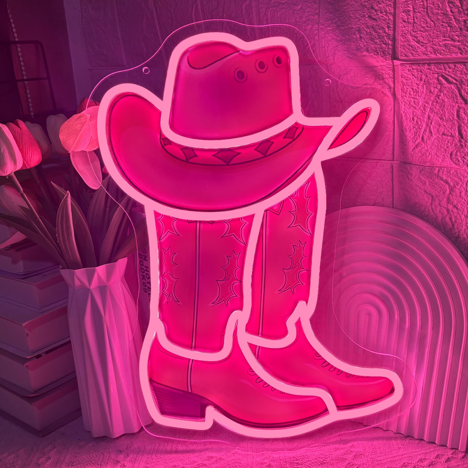 Cowboy Boot Neon Light Sign, Western Cowboy Hat Neon Signs for Wall Decor, Dimmable USB Powered LED Neon Lights for Game Room, Bedroom, Party, Bar, Birthday Gift (Pink) โ image 1