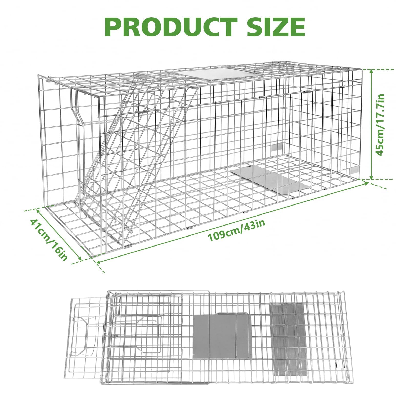 Humane Live Animal Trap Cage, 43" ×16" ×17.7" Collapsible Heavy Duty Raccoon Trap Animal Cage, Easy to Set and Release Live Trap, for Dogs, Foxes, Coyotes, Raccoons and Similar-Sized Animals, Silver - 3