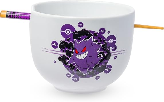 Silver Buffalo Pokemon Gengar Pokeball Ceramic Ramen Noodle Rice Bowl with Chopsticks, Microwave Safe, 20 Ounces