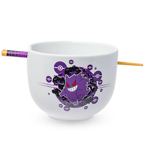 Silver Buffalo Pokemon Gengar Pokeball Ceramic Ramen Noodle Rice Bowl with Chopsticks, Microwave Safe, 20 Ounces - Pokemon Gengar - 20 Ounces (No Spoon)