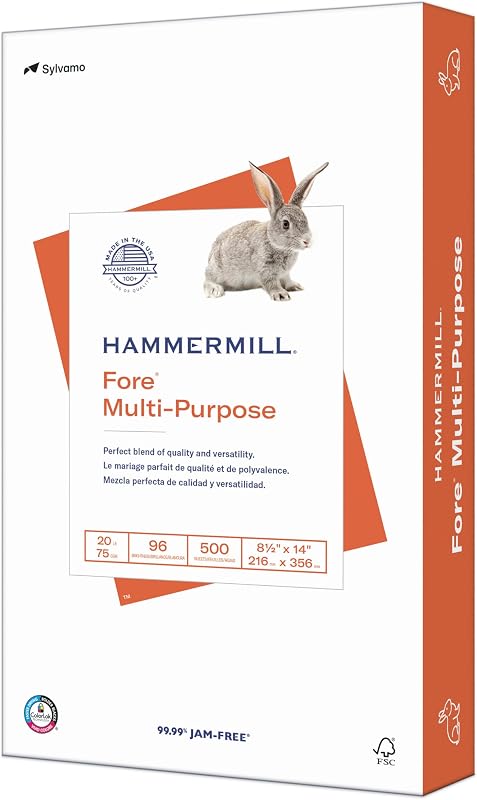 Papel para impresora Hammermill, papel de copia multiusos Fore de 20 lb, 8,5 x 14 - 1 resma (500 hojas) - 96 brillante, fabricado en los EE. UU., 103291