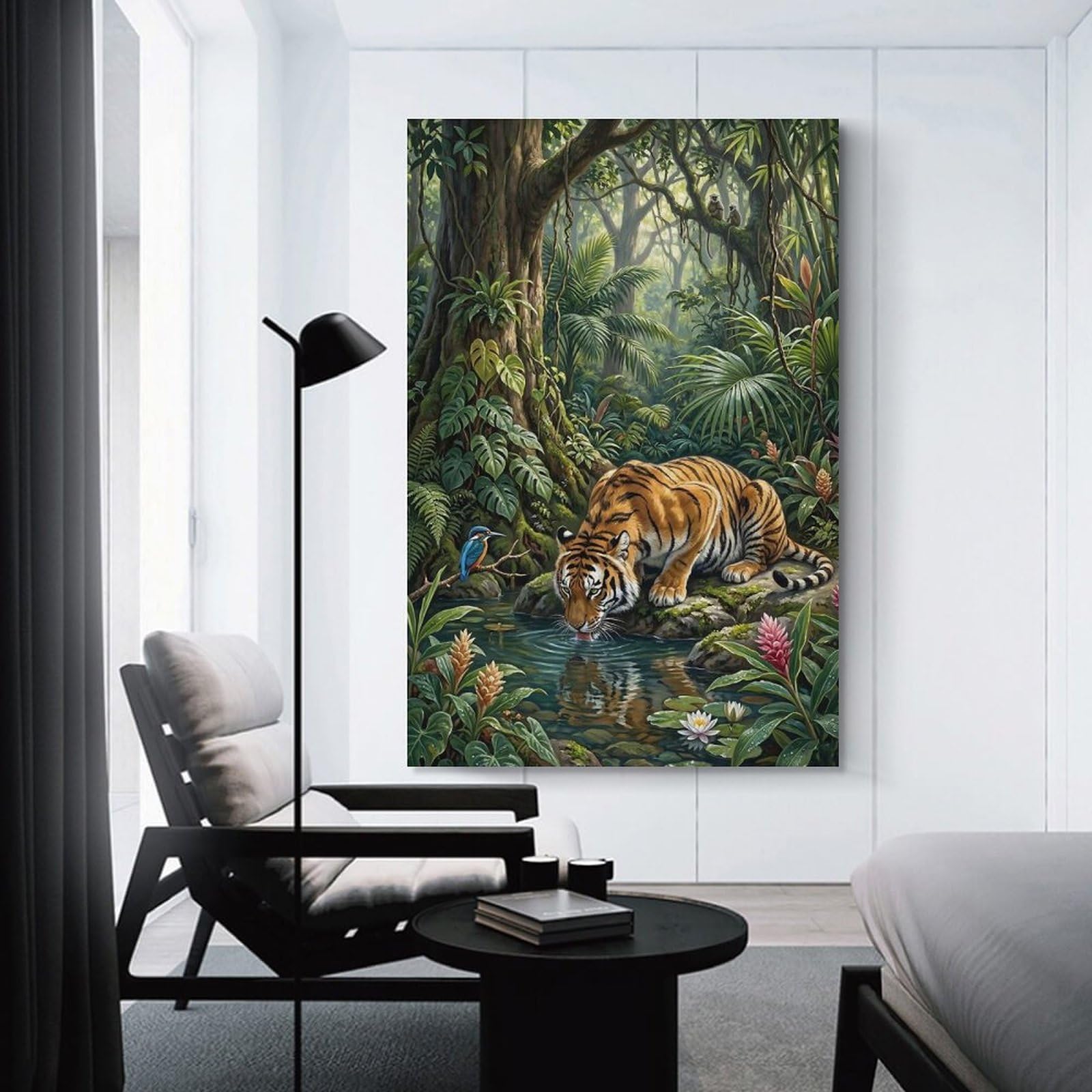 Junmoney Tiger Drinking Water in A Lush Jungle Wall Picture Print 24x36inch(60x90cm), for Home Walls, Creative Rooms Or Shared Spaces, Stylish Home Artwork for Focal Walls