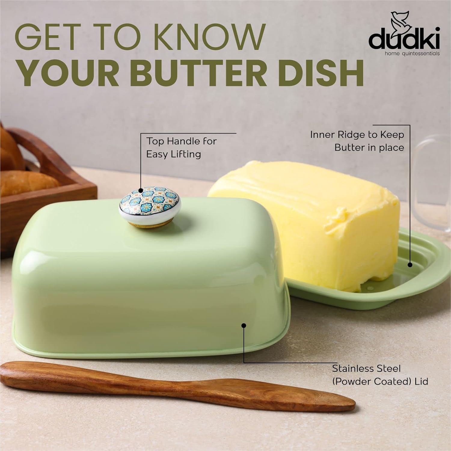 Stainless Steel Butter Container Homes Butter Dish Storage Box with Lid Enhances and Elegant to Your Kitchen Décor With Ceramic Knob Design (500 Gram) (PIST GREEN)