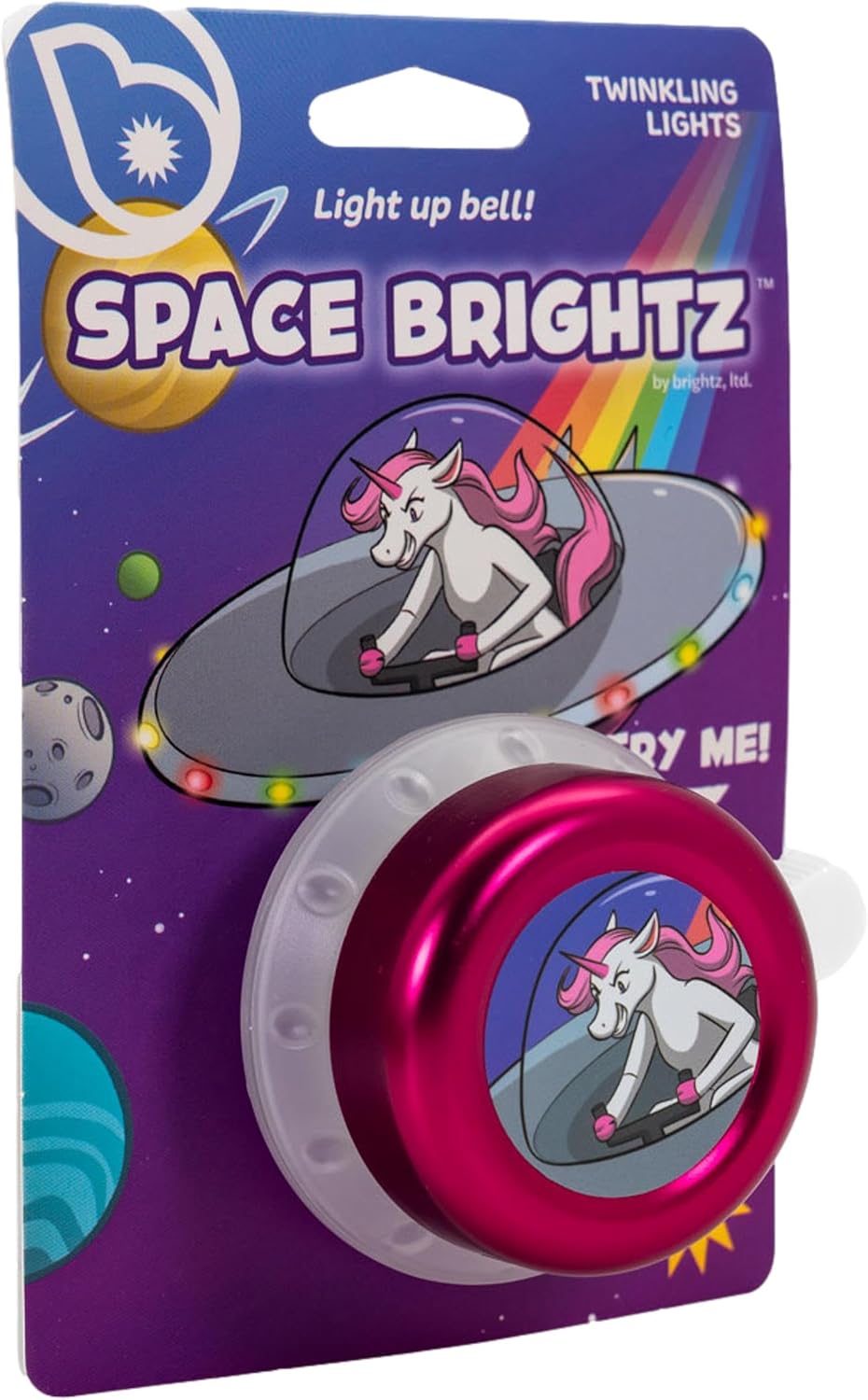 Brightz SpaceBrightz LED Light Up Bike Bell for Kids - Pink Unicorn Bicycle Bell with Twinkling Multicolor Lights, Rings & Glows - Weather Resistant Handlebar Bell for Girls, Ages 5+
