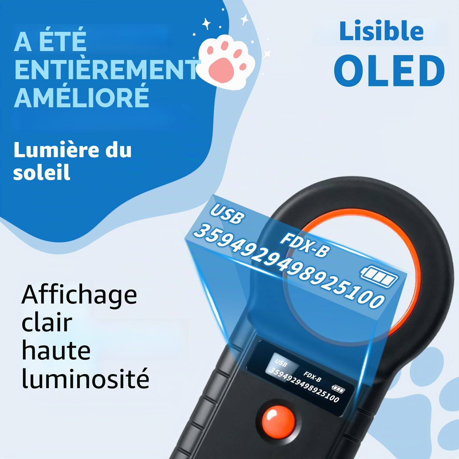 ARCELI Lecteur de Puce pour Animaux, Lecteur Puce Animaux, Lecteur de Puce pour Chiens/Chats, Lecteur de micropuce RFID, 134,2KHz, 128 Tag Memory, ISO11784/85/HFDX-B/EMID