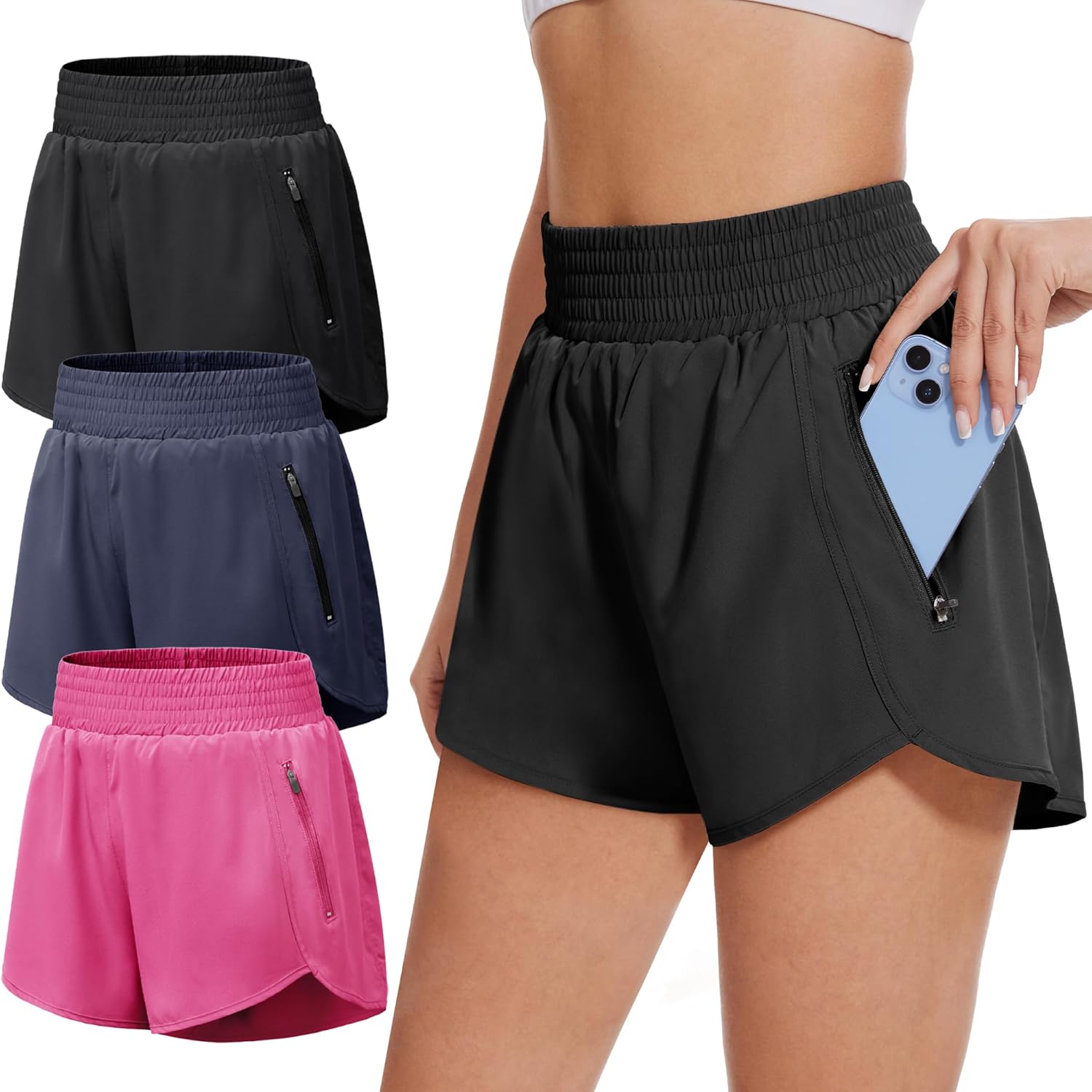 BALENNZ Women's Athletic Workout Shorts with Zipper Pockets Activewear Elastic Waist Gym Running Shorts