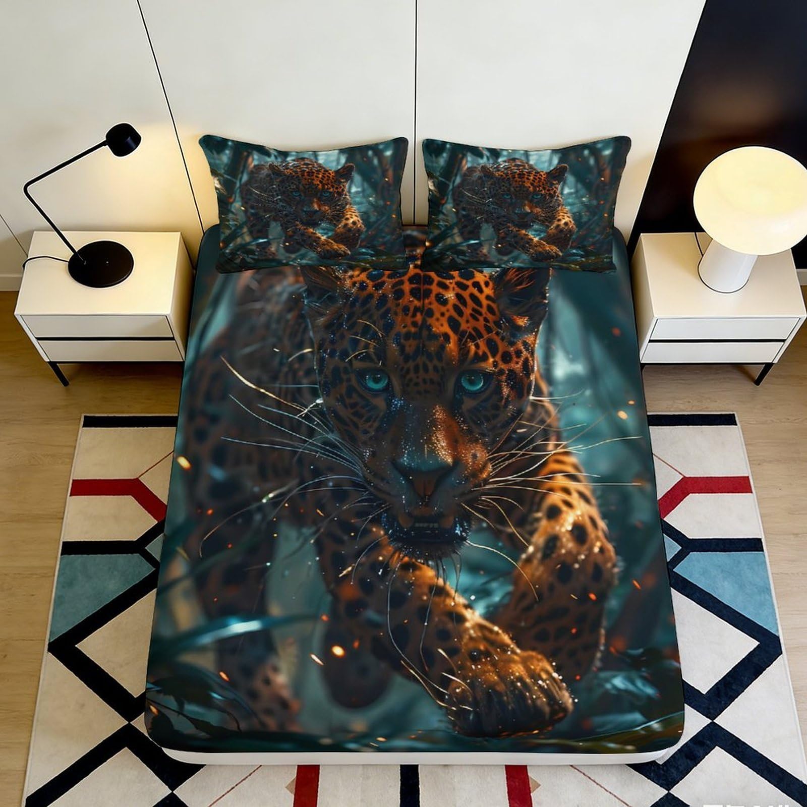 3D Printed Wild Panther Fitted Sheet Microfiber Soft Durable Jungle Leopard Bed Cover for Bedroom Dorm Decor 90x200x25cm