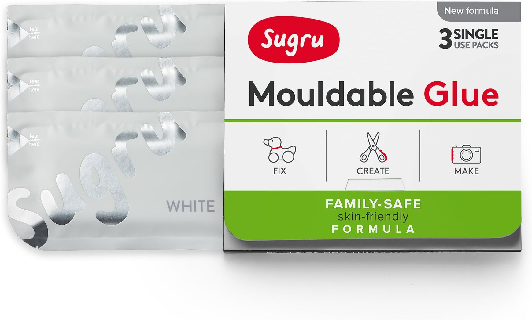 Sugru Moldable Glue - Family-Safe - All-Purpose Adhesive, Suitable for Children - Holds up to 4.4 lb - White 3-Pack