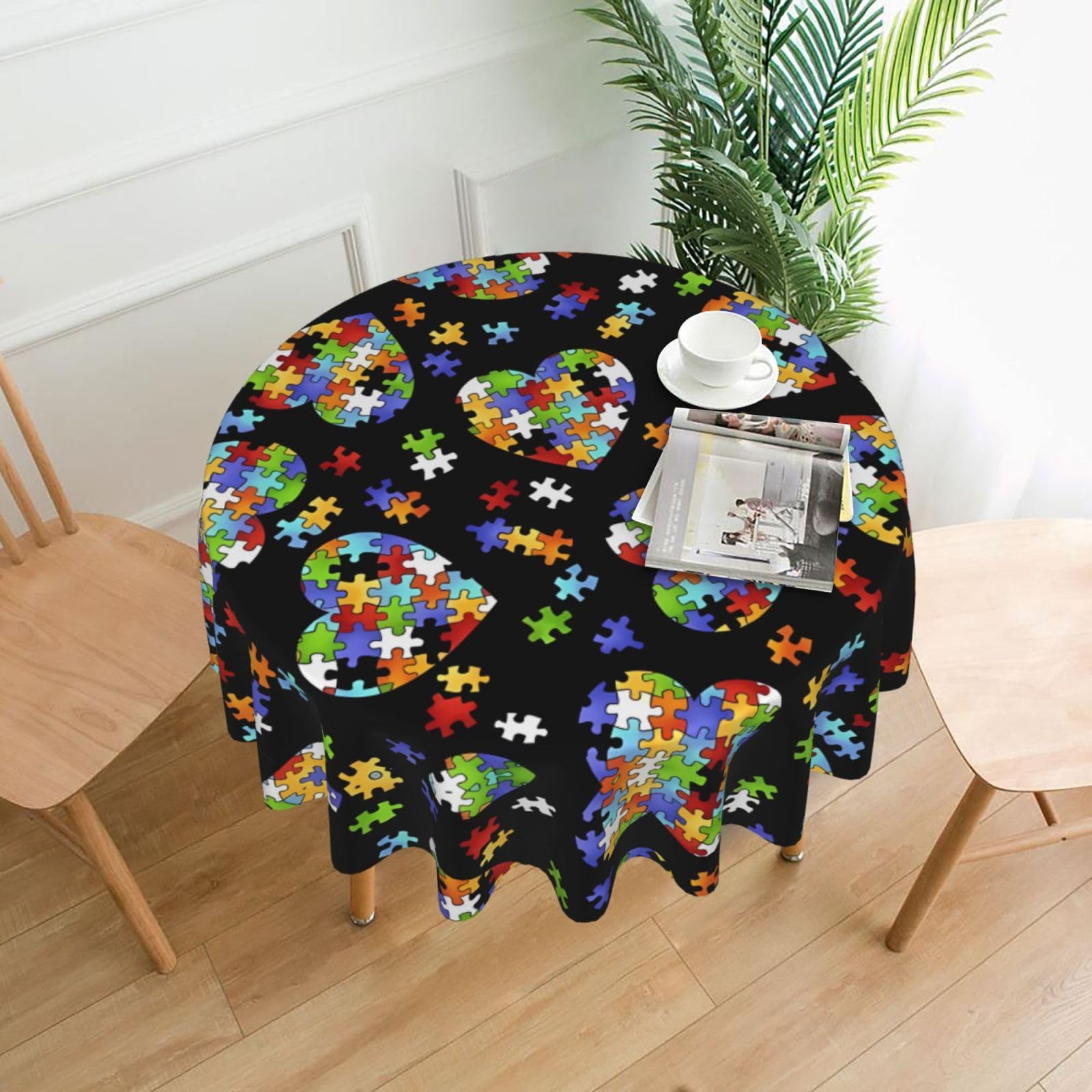 Autism Awareness Puzzle Pieces Heart Round Tablecloth – Dining Table Cover