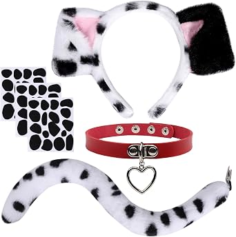 Halloween Dalmatian Costume Set Include Dog Ear Headband Velvet Choker Tail and Felt Stickers for Women Men Adults Party Dress Up