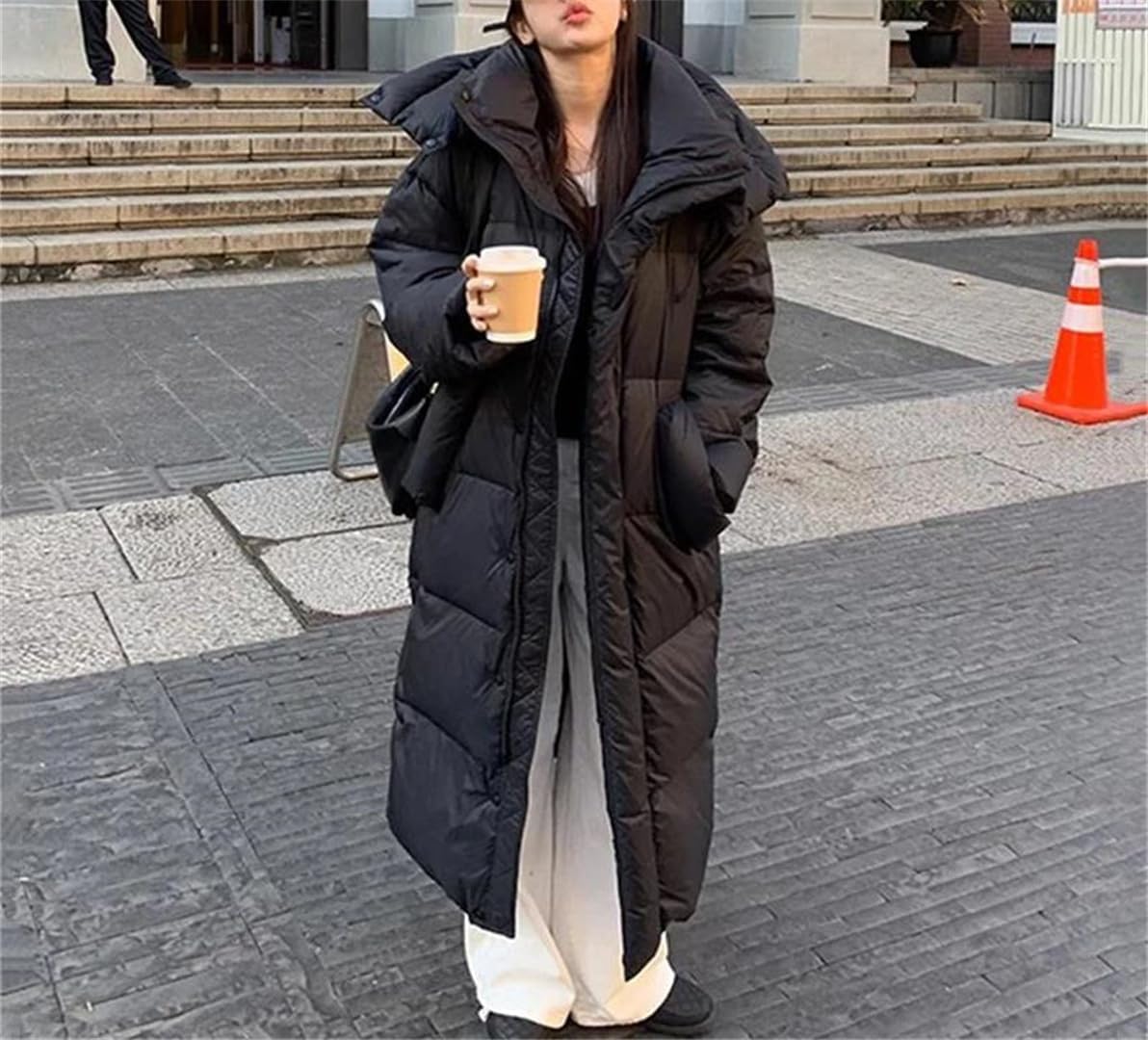 Womens Knee Length Hooded Down Jacket With Pockets Warm Quilted Parka