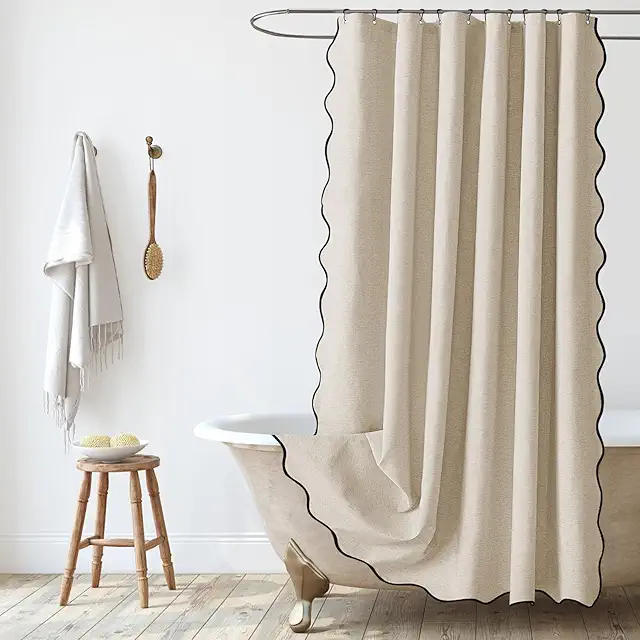 Scalloped Shower Curtain - Waterproof Linen Textured Beige with Metal Hooks