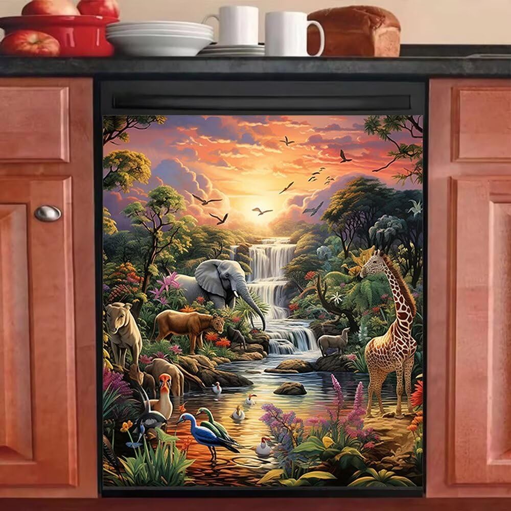 Generic Kitchen Dishwasher Magnet Cover Forest Animal Dishwasher Decorative Cover Elephant Giraffe Magnetic Refrigerator Front Cover Night Positive Dishwasher Door Cover 23x26 Inch Magnetic