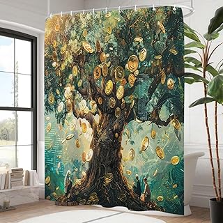 Zenvibe Tree of Life Shower Curtain Gold Money Tree Shower Curtains for Bathroom Spiritual Dollar Waterproof Polyester Bath Curtains Modern Art Nouveau Bathroom Decor with 12 Hooks 72"X72"