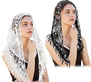 2 Pcs Mass Veil Triangle Mantilla Cathedral Head Covering, Chapel Veil Lace Shawl, Latin Church Veil Chapel Scarf Latin Mass Head Covering, Head Covering Veils for Bridal (Flower)