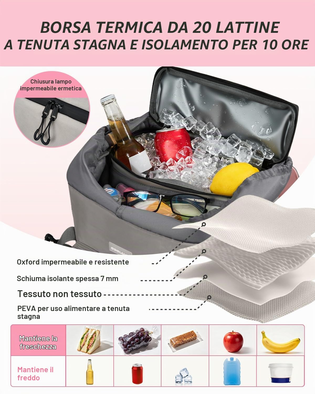 Odoland Zaino Termico 2 in 1, Zaino Termico Isolante con Scomparto Principale da 26L e Frigorifero Isolato da 9L, Borsa Frigo Portatile a Prova di Perdite per Spiaggia, Picnic, Viaggi, Famiglia
