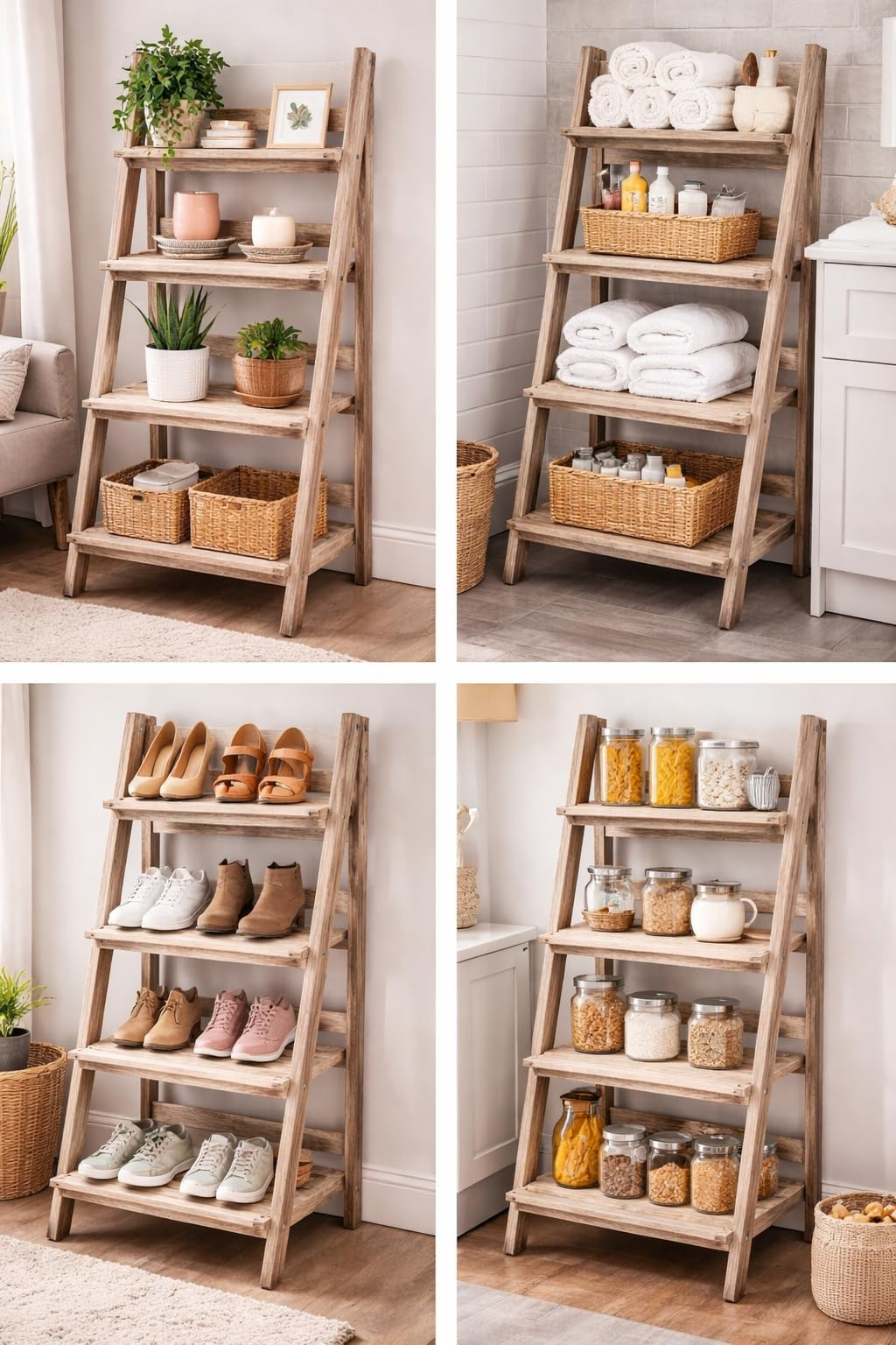 Estantería para Plantas, Interior y Balcón, Soporte Flores, Escalera de 4 peldaños Plegable de Madera (Natural)