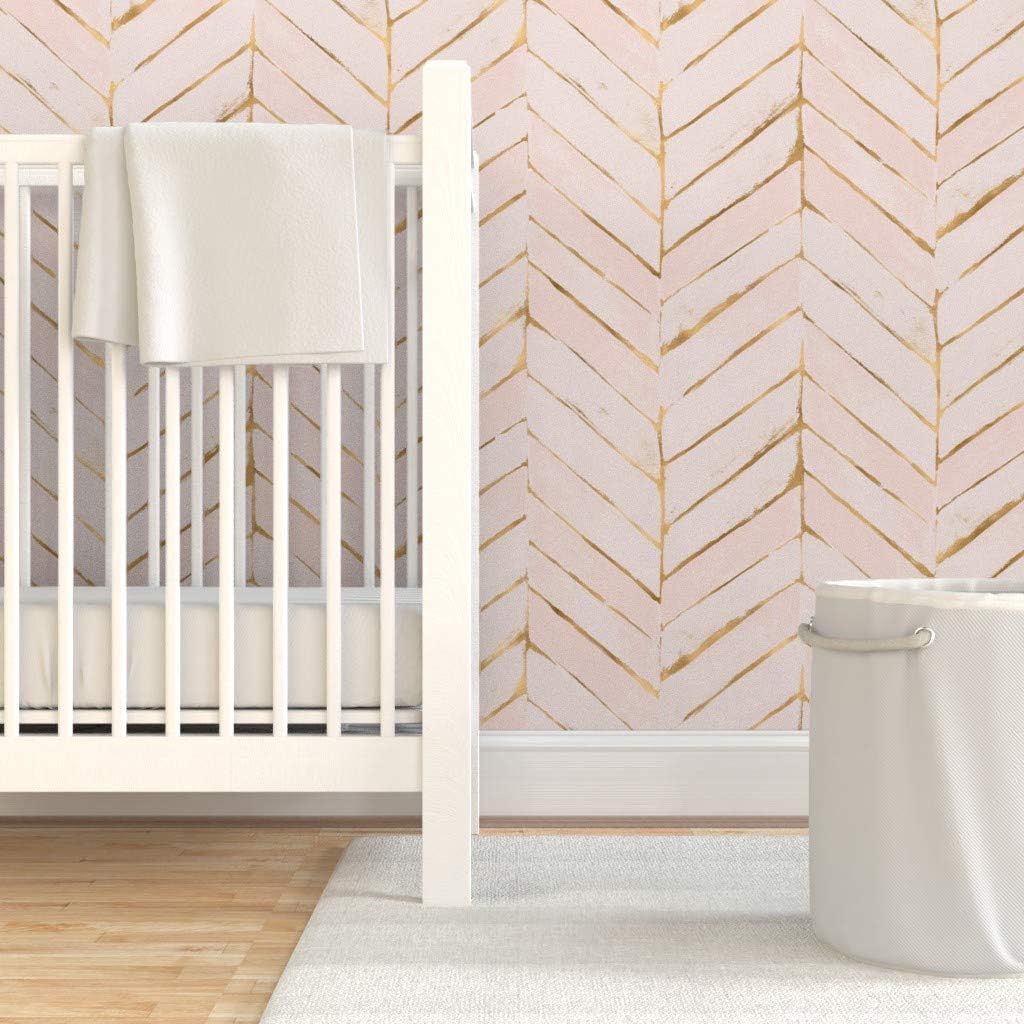 Removable Wallpaper 3ft x 2ft - Blush Pink Faux Gold Chevron Herringbone Painted Peach Boho Custom Pre-Pasted Wallpaper by Spoonflower