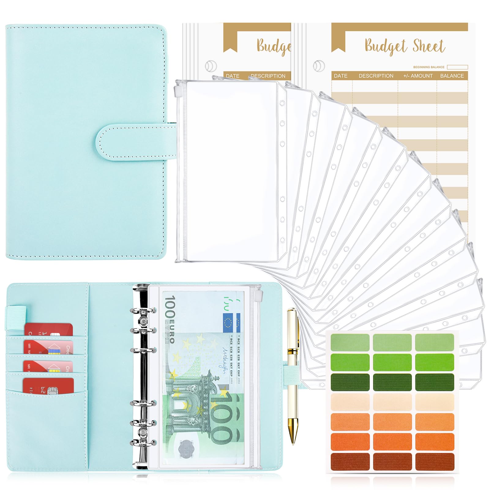 TAOPE A6 Notebook Binder in PU Leather with 12 Transparent Zip Bags, Fillable 26 Pieces for Cash Budget Money Saving Envelopes – Pure Blue