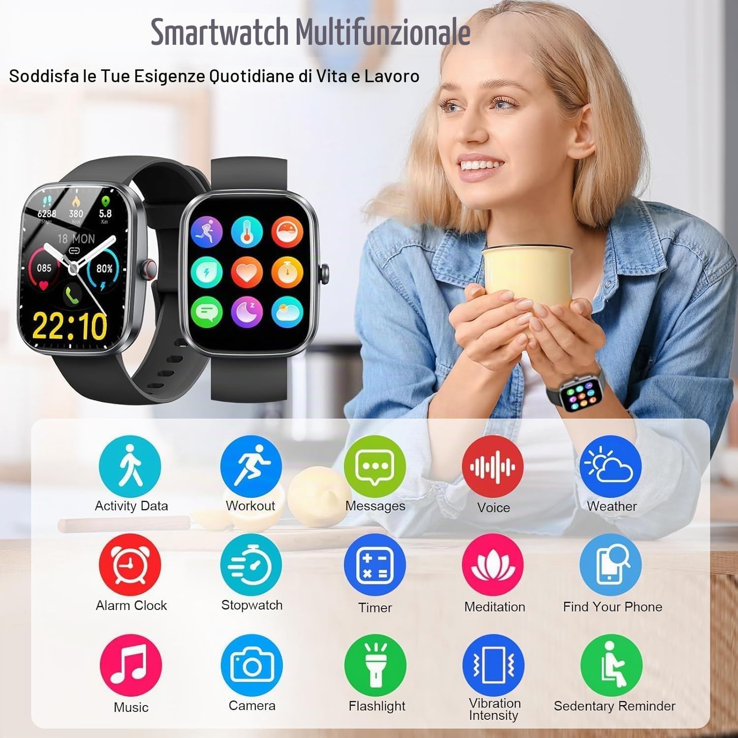 2026 Smartwatch Uomo Donna, 100+ Sportive Fitness Tracker con Sonno Contapassi Cardiofrequenzimetro, 1.91" Smartwatch con Effettua/Risposta Chiamate, Impermeabil IP68 Smart Watch per Android/iOS