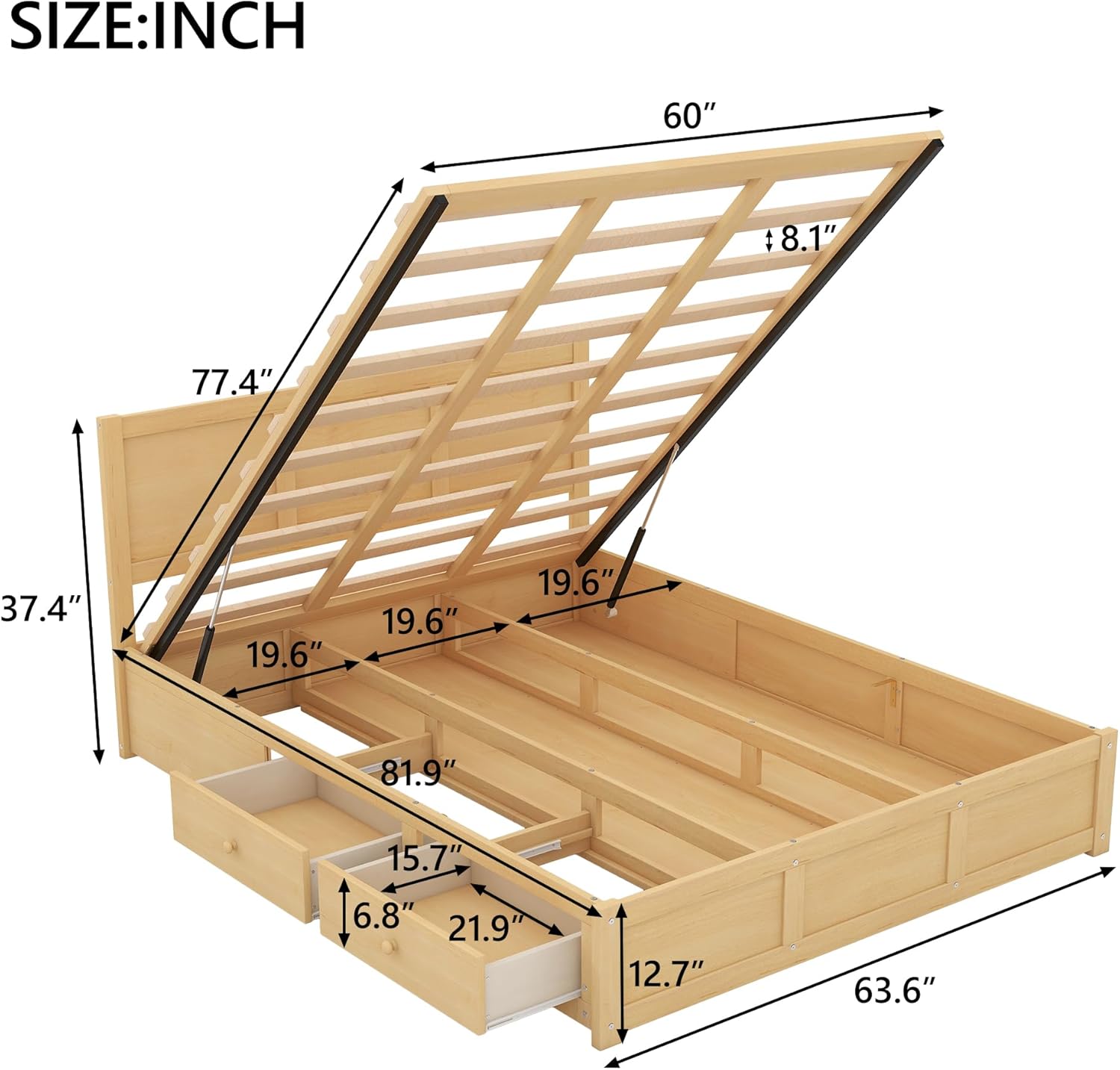 Harper & Bright Designs Queen Size Wood Platform Bed with Underneath Storage and 2 Drawers, Wood Color