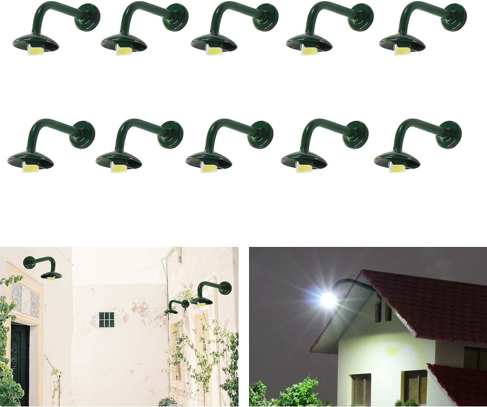 Evemodel 10pcs Model Railway 1:87 Hanging Lamp Outdoor Wall Goose Neck Light HO Scale LED (White)